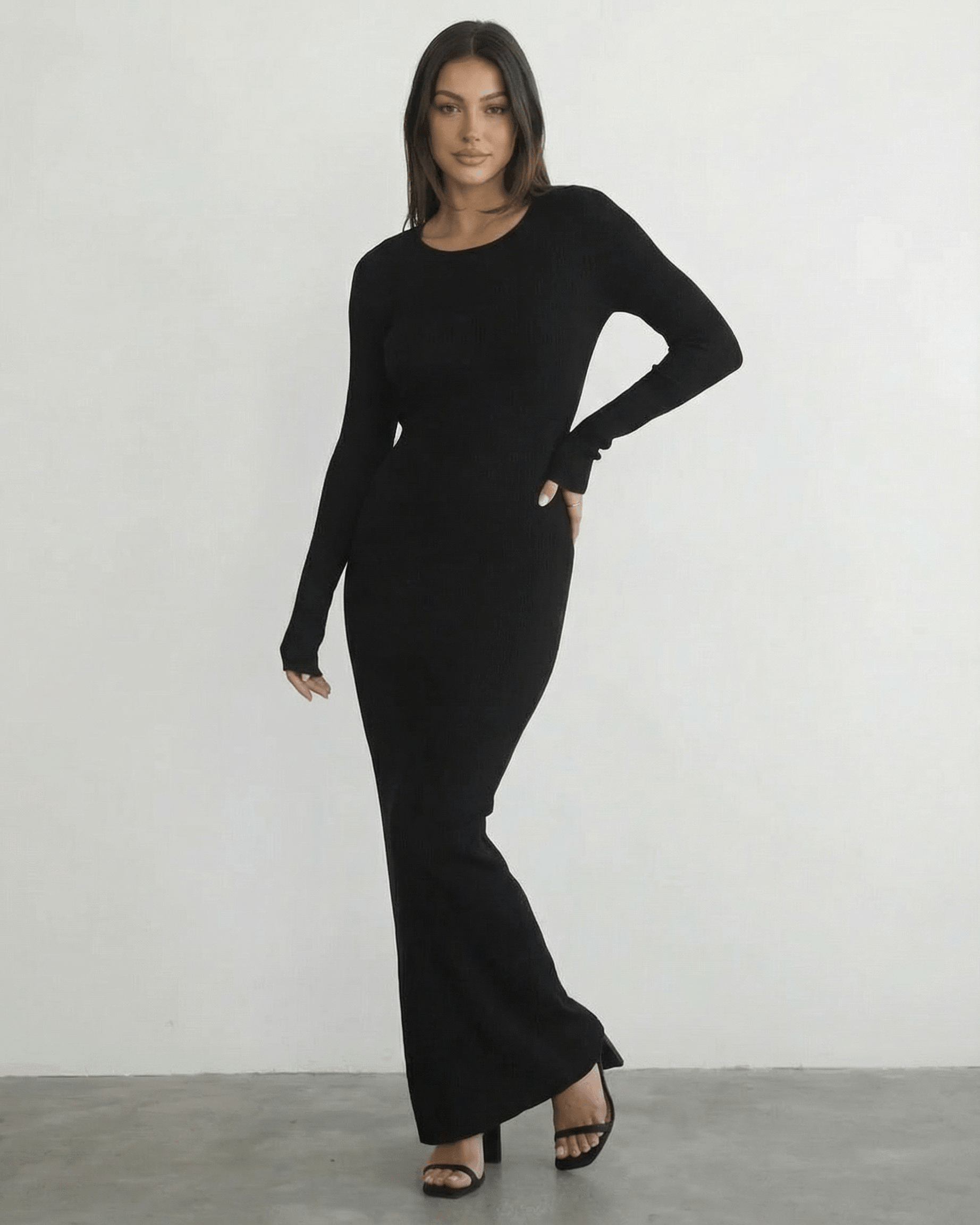 Luma Maxi Dress, black ankle-length, round neck, sleek silhouette for elegant occasions by RAMBLION.