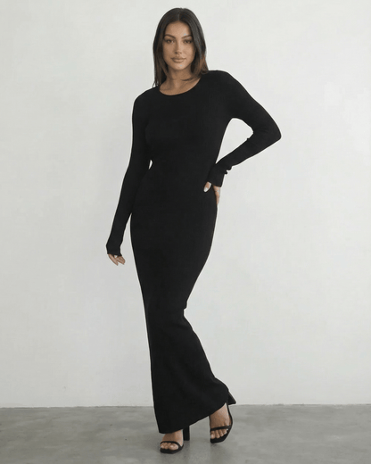 Luma Maxi Dress, black ankle-length, round neck, sleek silhouette for elegant occasions by RAMBLION.