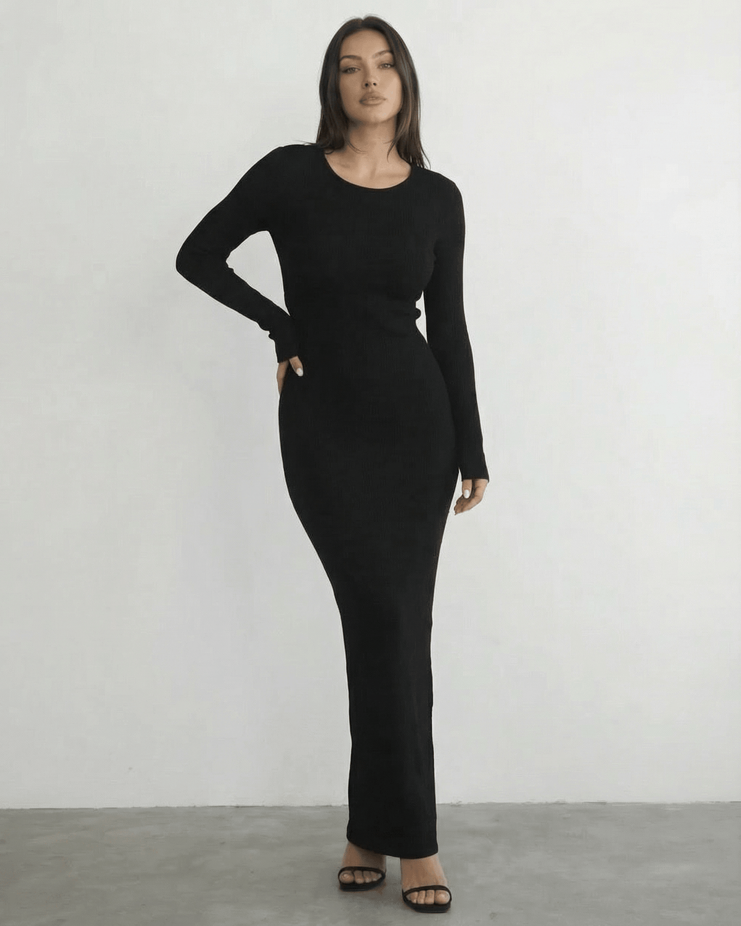 Luma Maxi Dress in black, ankle-length, round neck, chic design by RAMBLION for elegant occasions.