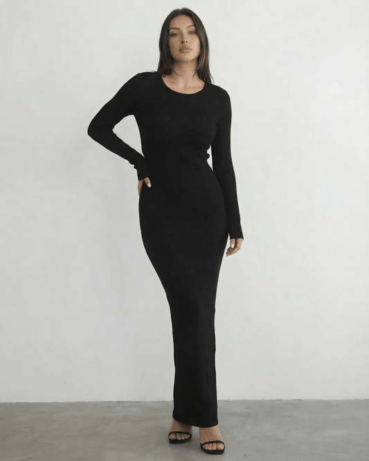Luma Maxi Dress in black, ankle-length, round neck, chic design by RAMBLION for elegant occasions.