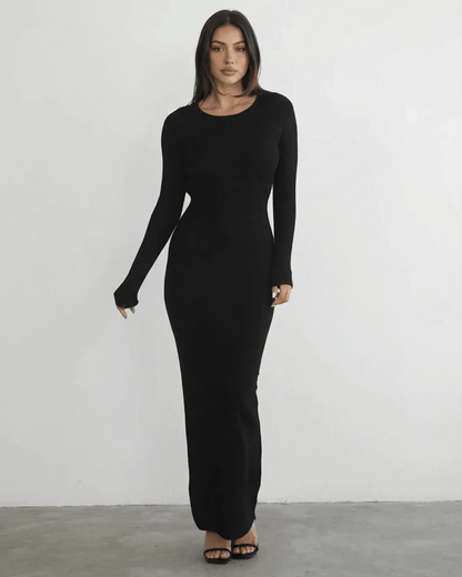 Luma Maxi Dress: Black ankle-length, round neck, modern silhouette from RAMBLION for chic occasions.