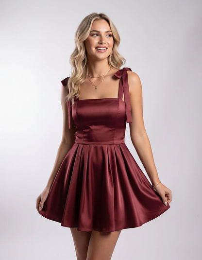 Satin Spaghetti Strap A-Line Pleated Mini Dress with Bow Tie Shoulders for Party, Cocktail, Evening, Summer Events and Occasi | SKU: MDR-123456789012345-BURGUNDY-L,MDR-123456789012345-BURGUNDY-M,MDR-123456789012345-BURGUNDY-S,MDR-123456789012345-BURGUNDY-XL,MDR-123456789012345-BURGUNDY-XS