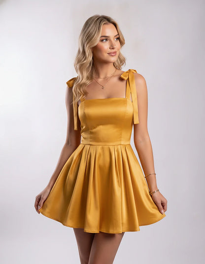 Satin Spaghetti Strap A-Line Pleated Mini Dress with Bow Tie Shoulders for Party, Cocktail, Evening, Summer Events and Occasi | SKU: MDR-123456789012345-GOLD-L,MDR-123456789012345-GOLD-M,MDR-123456789012345-GOLD-S,MDR-123456789012345-GOLD-XL,MDR-123456789012345-GOLD-XS