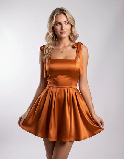 Satin Spaghetti Strap A-Line Pleated Mini Dress with Bow Tie Shoulders for Party, Cocktail, Evening, Summer Events and Occasi | SKU: MDR-123456789012345-BURNTORANGE-L,MDR-123456789012345-BURNTORANGE-M,MDR-123456789012345-BURNTORANGE-S,MDR-123456789012345-BURNTORANGE-XL,MDR-123456789012345-BURNTORANGE-XS