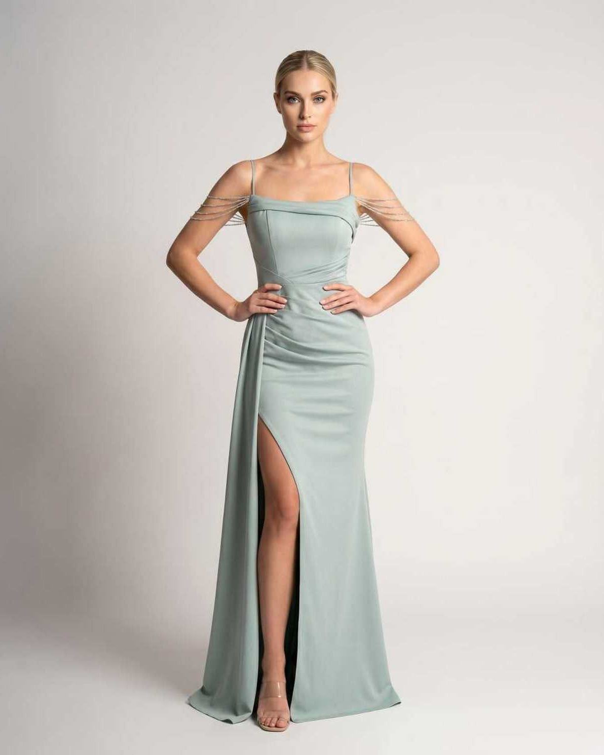 Ramblion Lume maxi dress — spaghetti-strap neckline · front view · styled for prom season