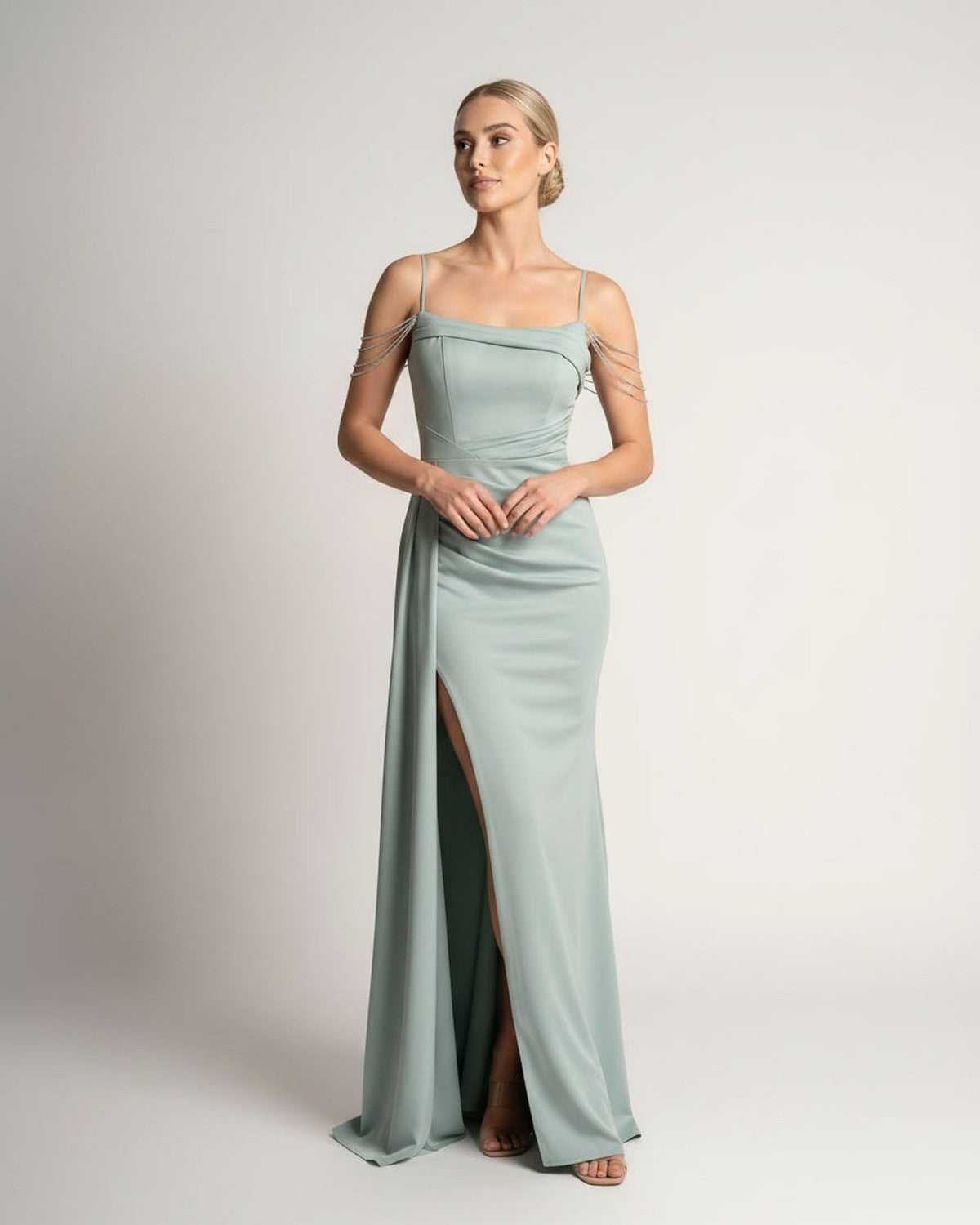 Ramblion Lume maxi dress — spaghetti-strap neckline · lifestyle styling · styled for prom season