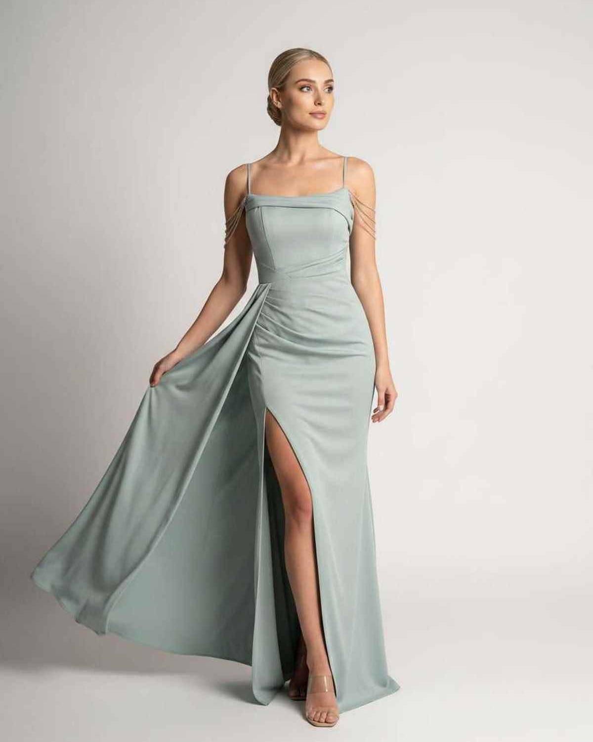 Ramblion Lume maxi dress — spaghetti-strap neckline · fabric close-up · styled for prom season