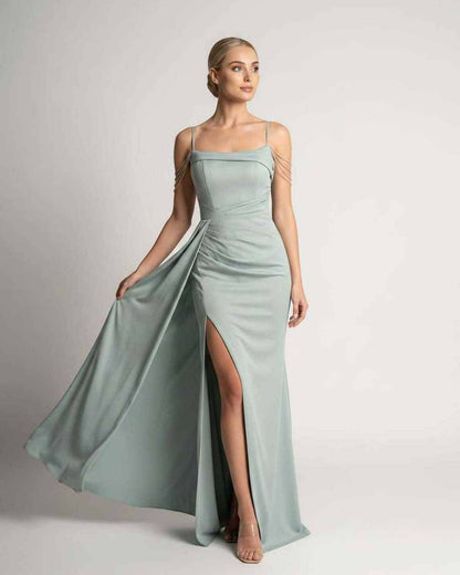 Ramblion Lume maxi dress — spaghetti-strap neckline · fabric close-up · styled for prom season