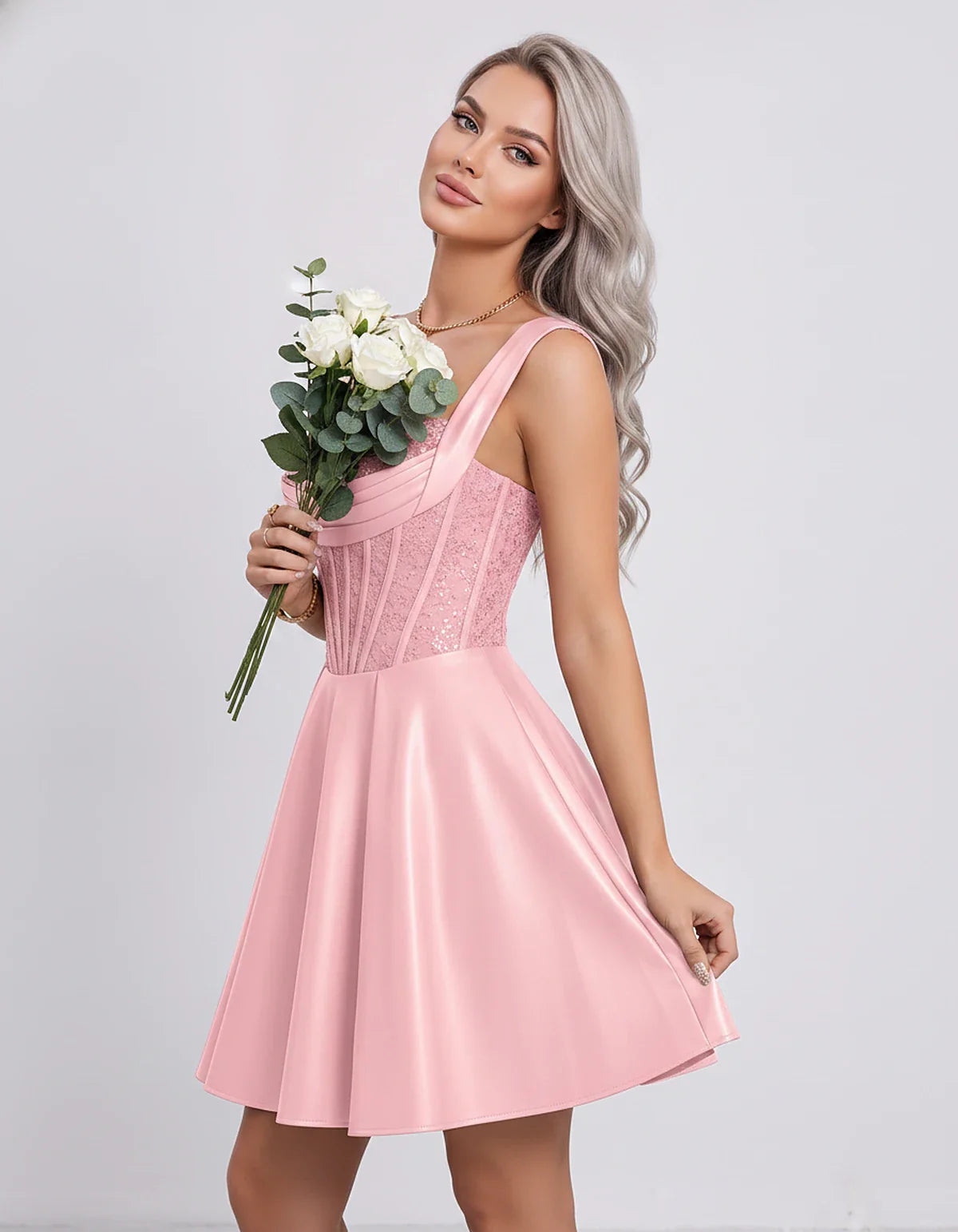 Satin & Sequined Lace Sleeveless Square Neck A-Line Mini Dress for Party, Cocktail, Evening, Summer & Wedding Guest Events, s | SKU: LM-582914706381524-PINK-L,LM-582914706381524-PINK-M,LM-582914706381524-PINK-S,LM-582914706381524-PINK-XL,LM-582914706381524-PINK-XS