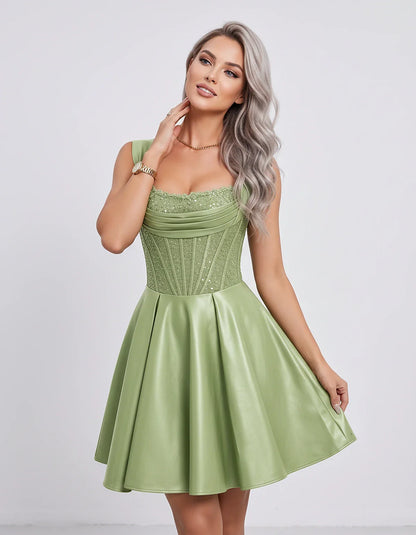 Satin & Sequined Lace Sleeveless Square Neck A-Line Mini Dress for Party, Cocktail, Evening, Summer & Wedding Guest Events, f | SKU: LM-582914706381524-SAGE-L,LM-582914706381524-SAGE-M,LM-582914706381524-SAGE-S,LM-582914706381524-SAGE-XL,LM-582914706381524-SAGE-XS