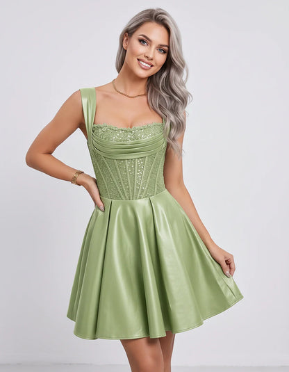 Satin & Sequined Lace Sleeveless Square Neck A-Line Mini Dress for Party, Cocktail, Evening, Summer & Wedding Guest Events, f | SKU: LM-582914706381524-SAGE-L,LM-582914706381524-SAGE-M,LM-582914706381524-SAGE-S,LM-582914706381524-SAGE-XL,LM-582914706381524-SAGE-XS