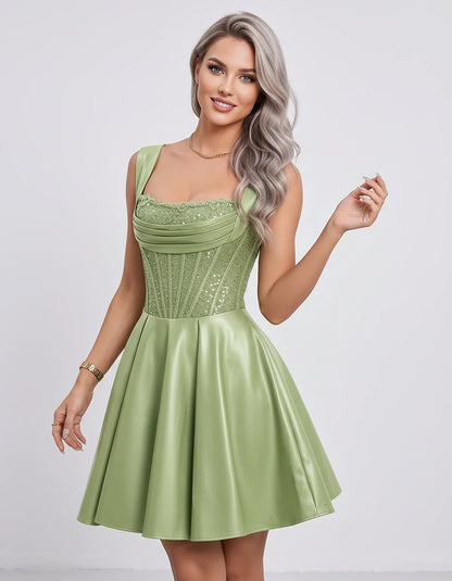 Satin & Sequined Lace Sleeveless Square Neck A-Line Mini Dress for Party, Cocktail, Evening, Summer & Wedding Guest Events, f | SKU: LM-582914706381524-SAGE-L,LM-582914706381524-SAGE-M,LM-582914706381524-SAGE-S,LM-582914706381524-SAGE-XL,LM-582914706381524-SAGE-XS