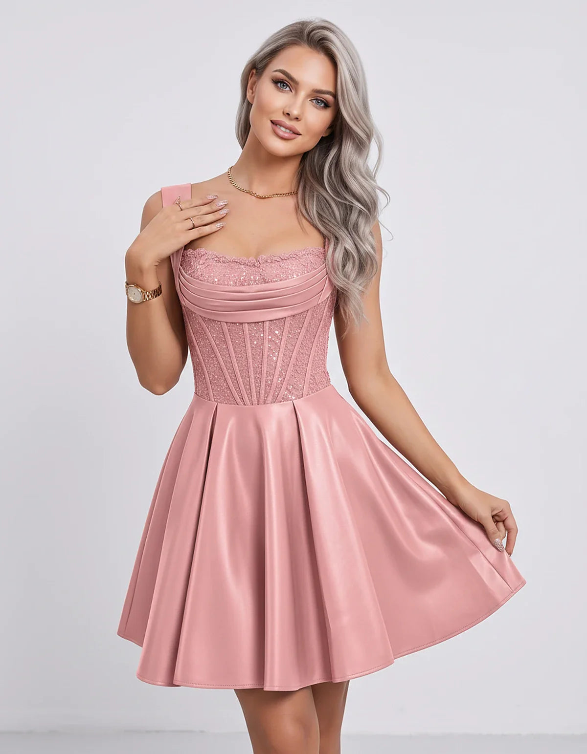 Satin & Sequined Lace Sleeveless Square Neck A-Line Mini Dress for Party, Cocktail, Evening, Summer & Wedding Guest Events, f | SKU: LM-582914706381524-DUSTYPINK-L,LM-582914706381524-DUSTYPINK-M,LM-582914706381524-DUSTYPINK-S,LM-582914706381524-DUSTYPINK-XL,LM-582914706381524-DUSTYPINK-XS