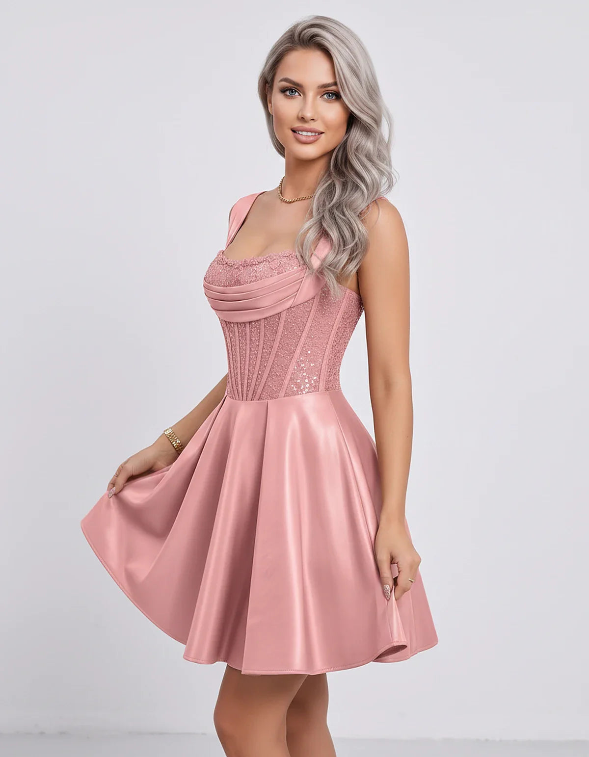 Satin & Sequined Lace Sleeveless Square Neck A-Line Mini Dress for Party, Cocktail, Evening, Summer & Wedding Guest Events, s | SKU: LM-582914706381524-DUSTYPINK-L,LM-582914706381524-DUSTYPINK-M,LM-582914706381524-DUSTYPINK-S,LM-582914706381524-DUSTYPINK-XL,LM-582914706381524-DUSTYPINK-XS