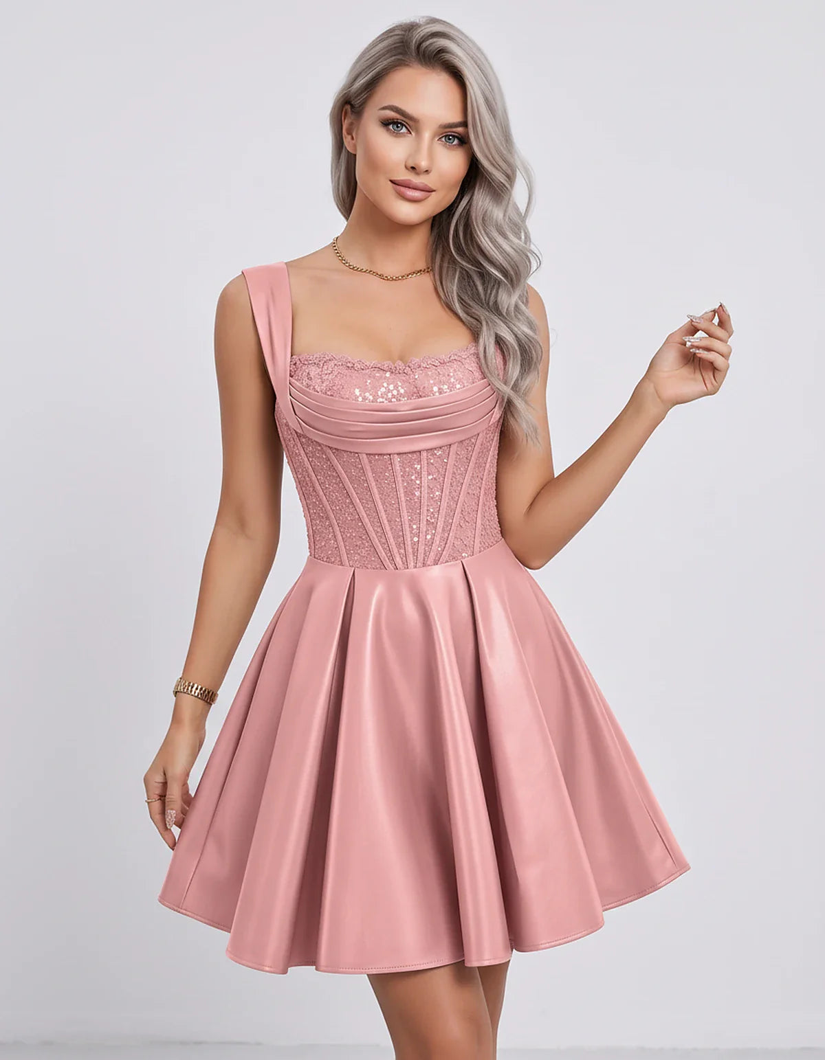 Satin & Sequined Lace Sleeveless Square Neck A-Line Mini Dress for Party, Cocktail, Evening, Summer & Wedding Guest Events, f | SKU: LM-582914706381524-DUSTYPINK-L,LM-582914706381524-DUSTYPINK-M,LM-582914706381524-DUSTYPINK-S,LM-582914706381524-DUSTYPINK-XL,LM-582914706381524-DUSTYPINK-XS