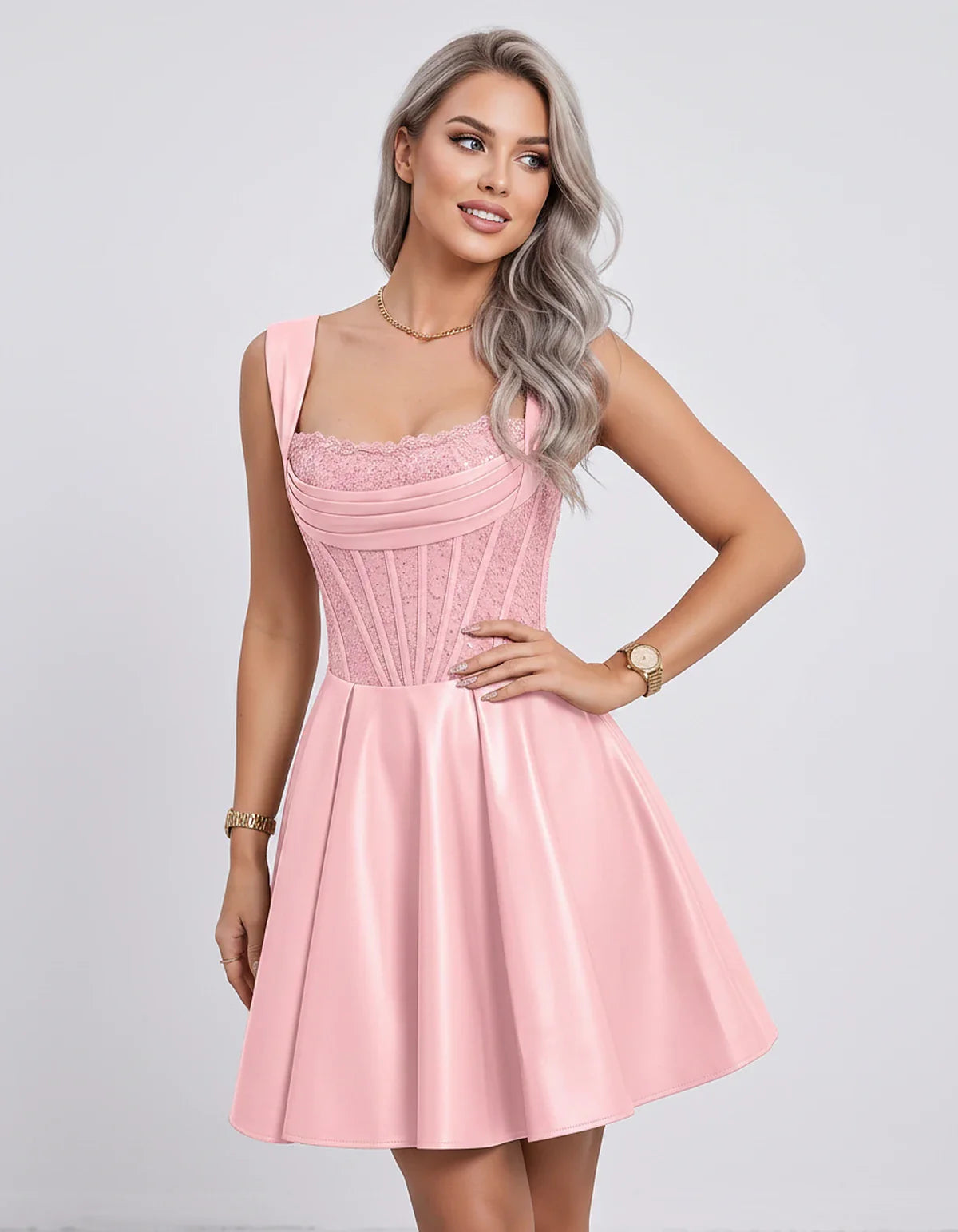 Satin & Sequined Lace Sleeveless Square Neck A-Line Mini Dress for Party, Cocktail, Evening, Summer & Wedding Guest Events, f | SKU: LM-582914706381524-PINK-L,LM-582914706381524-PINK-M,LM-582914706381524-PINK-S,LM-582914706381524-PINK-XL,LM-582914706381524-PINK-XS