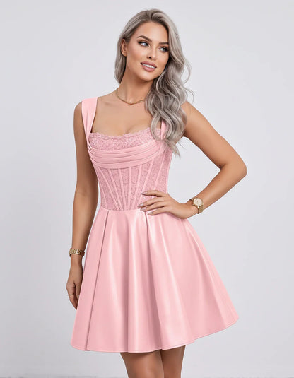 Satin & Sequined Lace Sleeveless Square Neck A-Line Mini Dress for Party, Cocktail, Evening, Summer & Wedding Guest Events, f | SKU: LM-582914706381524-PINK-L,LM-582914706381524-PINK-M,LM-582914706381524-PINK-S,LM-582914706381524-PINK-XL,LM-582914706381524-PINK-XS