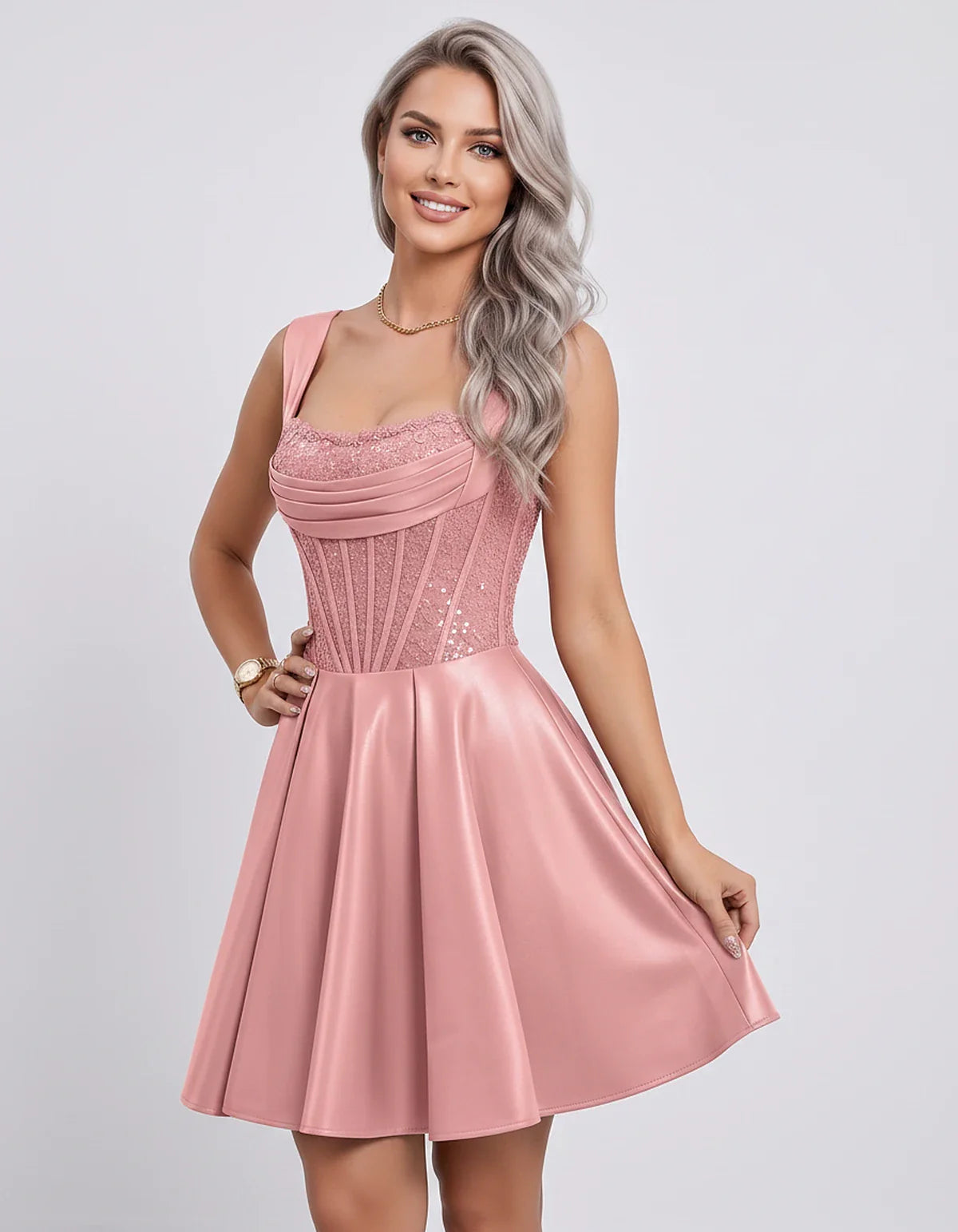 Satin & Sequined Lace Sleeveless Square Neck A-Line Mini Dress for Party, Cocktail, Evening, Summer & Wedding Guest Events, f | SKU: LM-582914706381524-DUSTYPINK-L,LM-582914706381524-DUSTYPINK-M,LM-582914706381524-DUSTYPINK-S,LM-582914706381524-DUSTYPINK-XL,LM-582914706381524-DUSTYPINK-XS