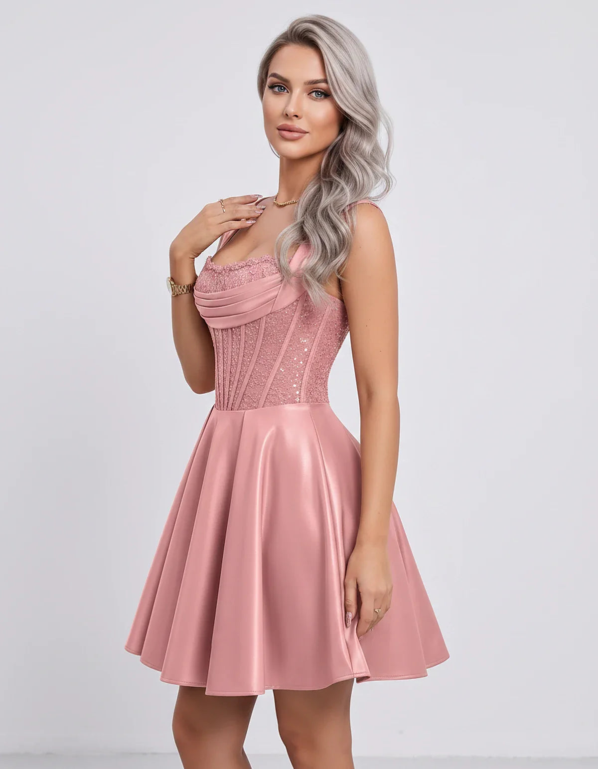 Satin & Sequined Lace Sleeveless Square Neck A-Line Mini Dress for Party, Cocktail, Evening, Summer & Wedding Guest Events, s | SKU: LM-582914706381524-DUSTYPINK-L,LM-582914706381524-DUSTYPINK-M,LM-582914706381524-DUSTYPINK-S,LM-582914706381524-DUSTYPINK-XL,LM-582914706381524-DUSTYPINK-XS