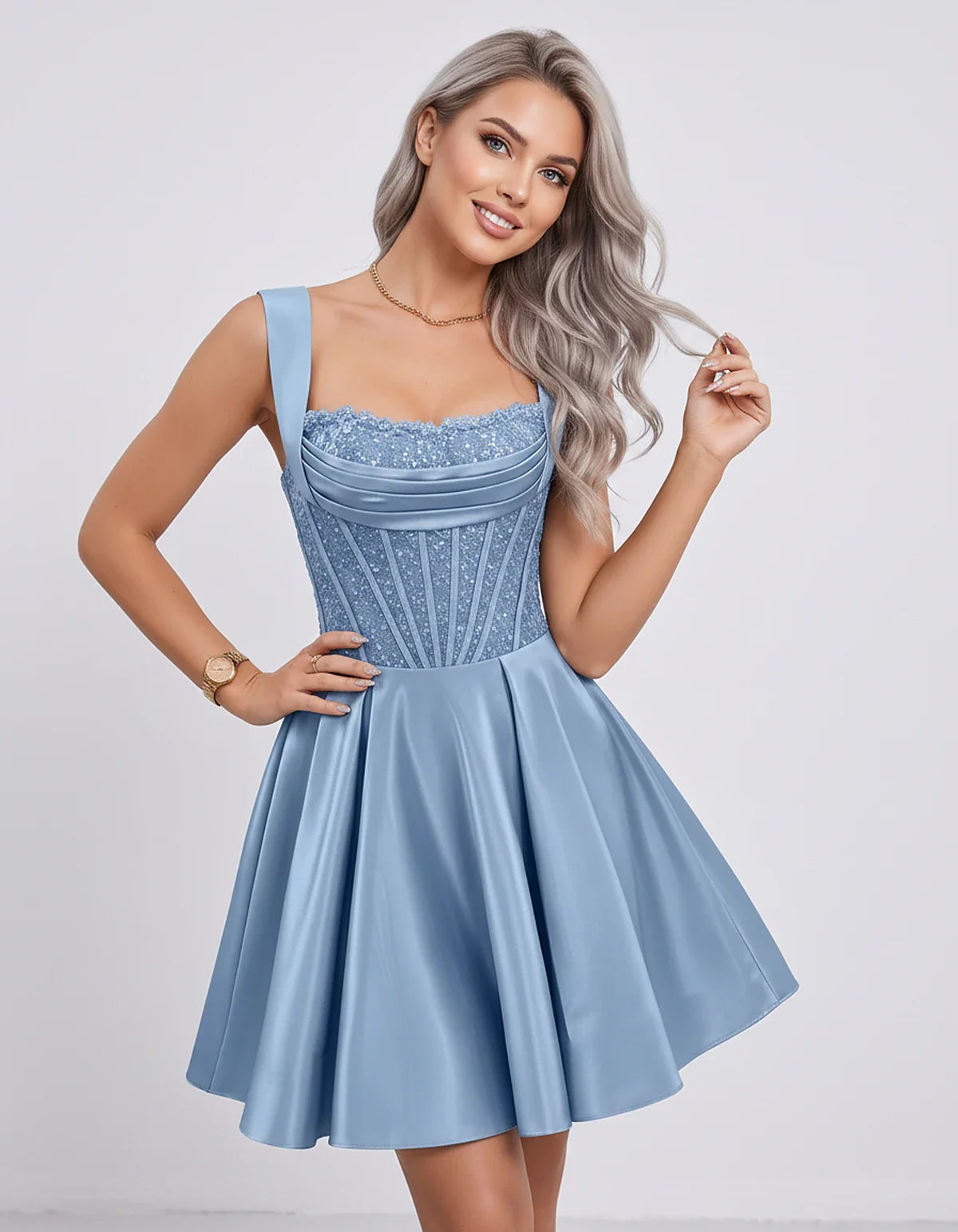 Satin & Sequined Lace Sleeveless Square Neck A-Line Mini Dress for Party, Cocktail, Evening, Summer & Wedding Guest Events, f | SKU: LM-582914706381524-DUSTYBLUE-L,LM-582914706381524-DUSTYBLUE-M,LM-582914706381524-DUSTYBLUE-S,LM-582914706381524-DUSTYBLUE-XL,LM-582914706381524-DUSTYBLUE-XS
