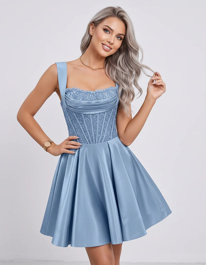 Satin & Sequined Lace Sleeveless Square Neck A-Line Mini Dress for Party, Cocktail, Evening, Summer & Wedding Guest Events, f | SKU: LM-582914706381524-DUSTYBLUE-L,LM-582914706381524-DUSTYBLUE-M,LM-582914706381524-DUSTYBLUE-S,LM-582914706381524-DUSTYBLUE-XL,LM-582914706381524-DUSTYBLUE-XS
