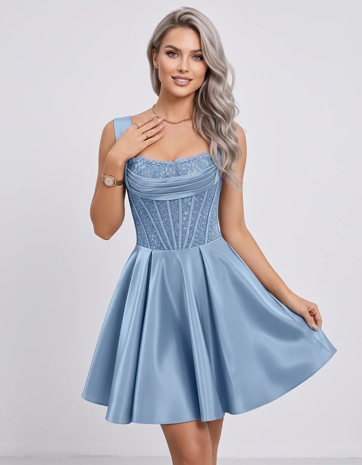 Satin & Sequined Lace Sleeveless Square Neck A-Line Mini Dress for Party, Cocktail, Evening, Summer & Wedding Guest Events, f | SKU: LM-582914706381524-DUSTYBLUE-L,LM-582914706381524-DUSTYBLUE-M,LM-582914706381524-DUSTYBLUE-S,LM-582914706381524-DUSTYBLUE-XL,LM-582914706381524-DUSTYBLUE-XS