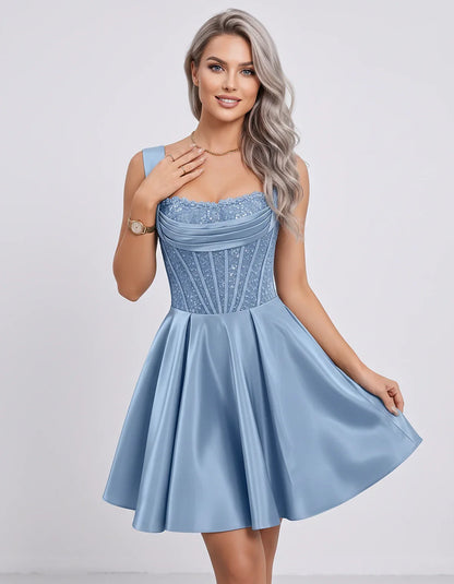 Satin & Sequined Lace Sleeveless Square Neck A-Line Mini Dress for Party, Cocktail, Evening, Summer & Wedding Guest Events, f | SKU: LM-582914706381524-DUSTYBLUE-L,LM-582914706381524-DUSTYBLUE-M,LM-582914706381524-DUSTYBLUE-S,LM-582914706381524-DUSTYBLUE-XL,LM-582914706381524-DUSTYBLUE-XS
