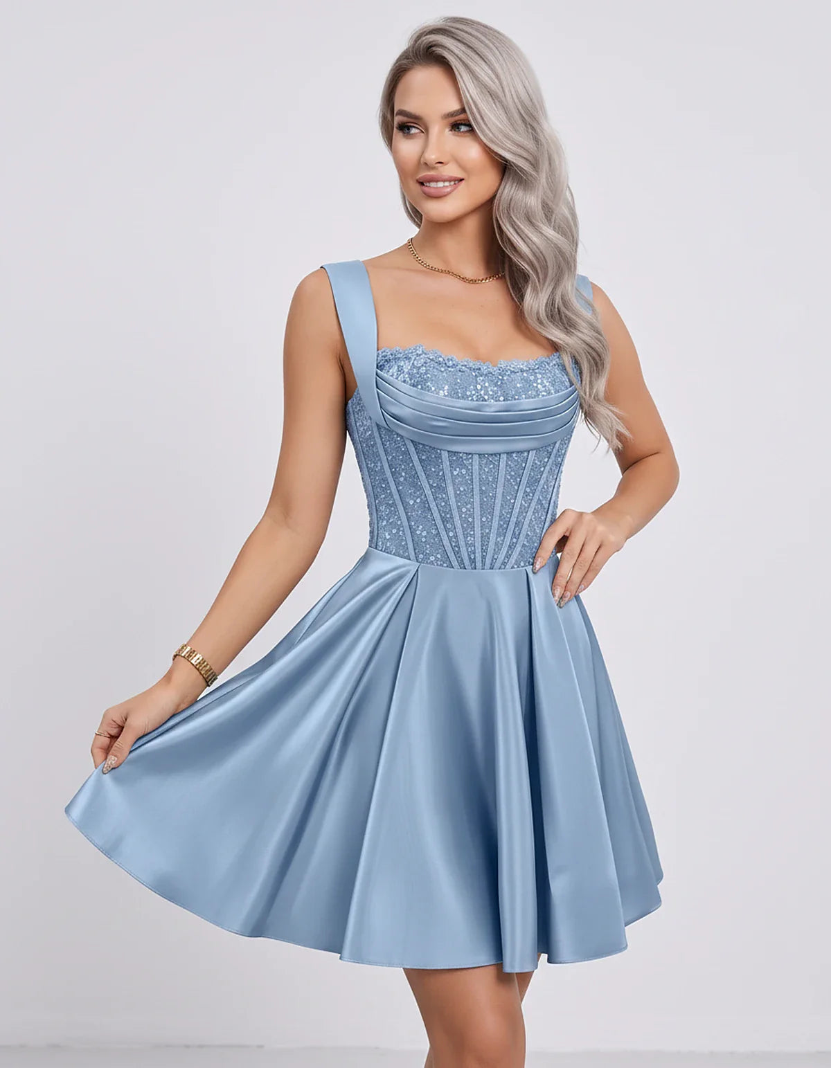 Satin & Sequined Lace Sleeveless Square Neck A-Line Mini Dress for Party, Cocktail, Evening, Summer & Wedding Guest Events, f | SKU: LM-582914706381524-DUSTYBLUE-L,LM-582914706381524-DUSTYBLUE-M,LM-582914706381524-DUSTYBLUE-S,LM-582914706381524-DUSTYBLUE-XL,LM-582914706381524-DUSTYBLUE-XS