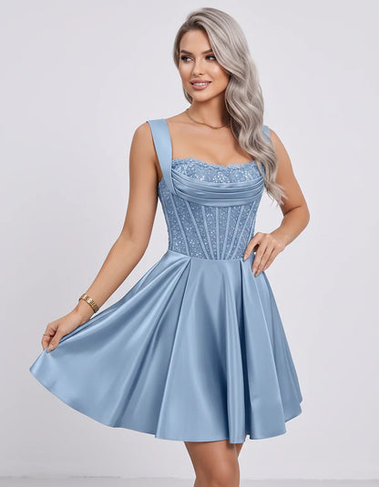Satin & Sequined Lace Sleeveless Square Neck A-Line Mini Dress for Party, Cocktail, Evening, Summer & Wedding Guest Events, f | SKU: LM-582914706381524-DUSTYBLUE-L,LM-582914706381524-DUSTYBLUE-M,LM-582914706381524-DUSTYBLUE-S,LM-582914706381524-DUSTYBLUE-XL,LM-582914706381524-DUSTYBLUE-XS