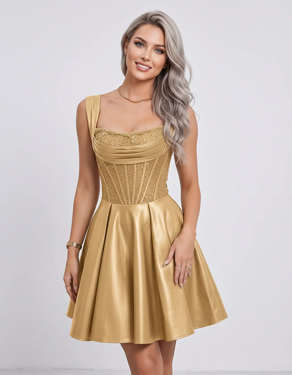Satin & Sequined Lace Sleeveless Square Neck A-Line Mini Dress for Party, Cocktail, Evening, Summer & Wedding Guest Events, f | SKU: LM-582914706381524-GOLD-L,LM-582914706381524-GOLD-M,LM-582914706381524-GOLD-S,LM-582914706381524-GOLD-XL,LM-582914706381524-GOLD-XS