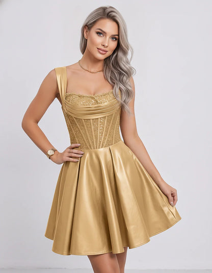Satin & Sequined Lace Sleeveless Square Neck A-Line Mini Dress for Party, Cocktail, Evening, Summer & Wedding Guest Events, f | SKU: LM-582914706381524-GOLD-L,LM-582914706381524-GOLD-M,LM-582914706381524-GOLD-S,LM-582914706381524-GOLD-XL,LM-582914706381524-GOLD-XS