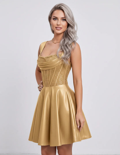 Satin & Sequined Lace Sleeveless Square Neck A-Line Mini Dress for Party, Cocktail, Evening, Summer & Wedding Guest Events, s | SKU: LM-582914706381524-GOLD-L,LM-582914706381524-GOLD-M,LM-582914706381524-GOLD-S,LM-582914706381524-GOLD-XL,LM-582914706381524-GOLD-XS