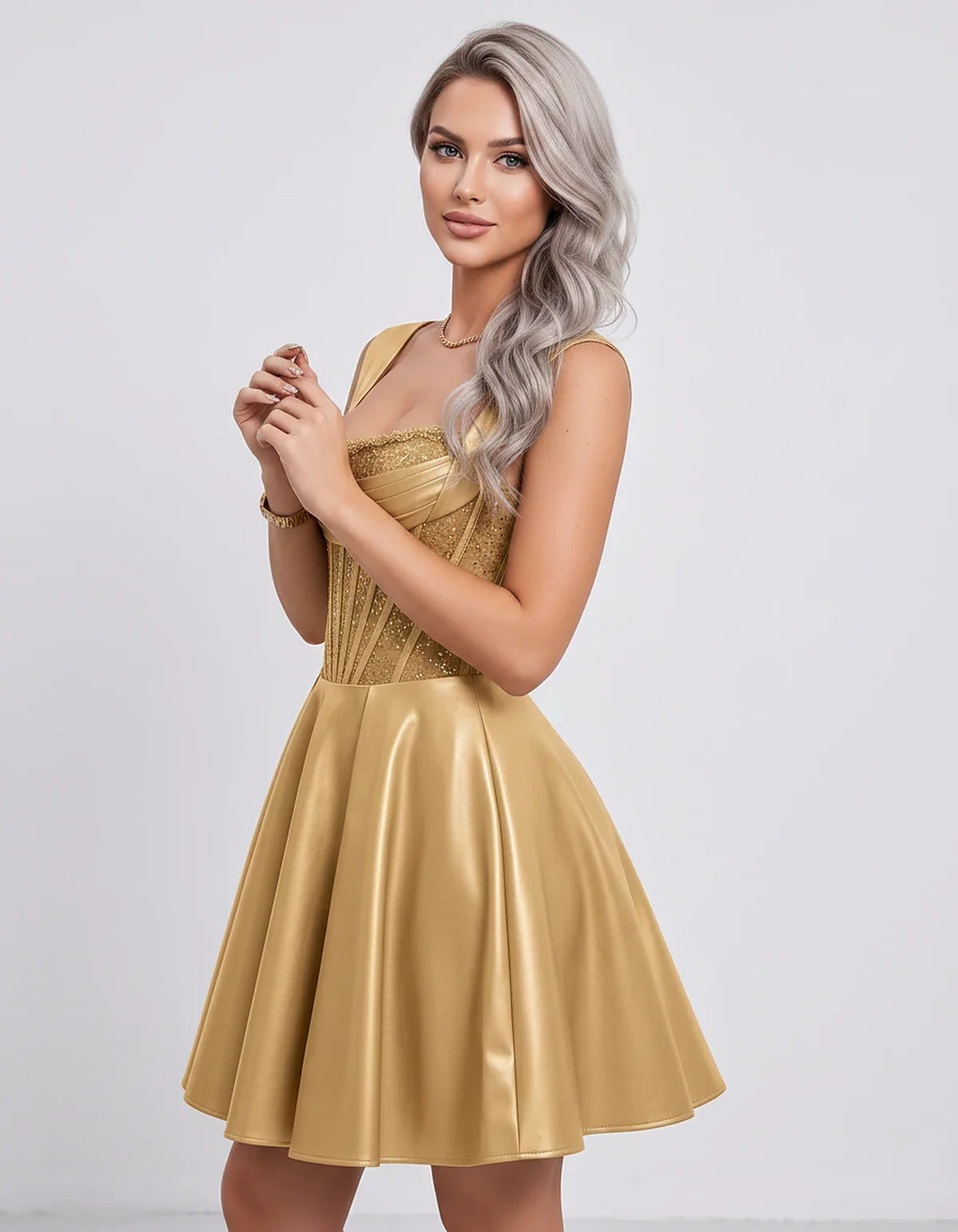 Satin & Sequined Lace Sleeveless Square Neck A-Line Mini Dress for Party, Cocktail, Evening, Summer & Wedding Guest Events, s | SKU: LM-582914706381524-GOLD-L,LM-582914706381524-GOLD-M,LM-582914706381524-GOLD-S,LM-582914706381524-GOLD-XL,LM-582914706381524-GOLD-XS