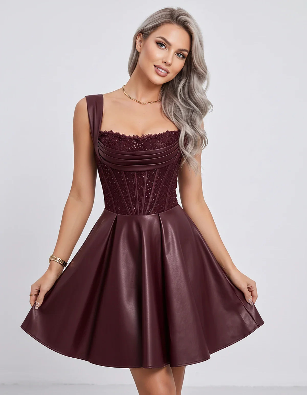 Satin & Sequined Lace Sleeveless Square Neck A-Line Mini Dress for Party, Cocktail, Evening, Summer & Wedding Guest Events, f | SKU: LM-582914706381524-BURGUNDY-L,LM-582914706381524-BURGUNDY-M,LM-582914706381524-BURGUNDY-S,LM-582914706381524-BURGUNDY-XL,LM-582914706381524-BURGUNDY-XS