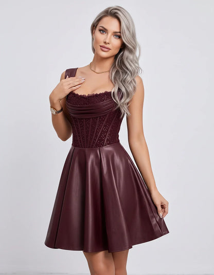Satin & Sequined Lace Sleeveless Square Neck A-Line Mini Dress for Party, Cocktail, Evening, Summer & Wedding Guest Events, f | SKU: LM-582914706381524-BURGUNDY-L,LM-582914706381524-BURGUNDY-M,LM-582914706381524-BURGUNDY-S,LM-582914706381524-BURGUNDY-XL,LM-582914706381524-BURGUNDY-XS