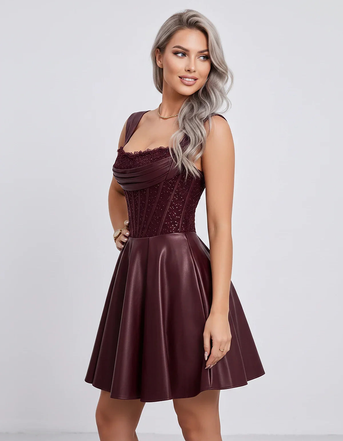 Satin & Sequined Lace Sleeveless Square Neck A-Line Mini Dress for Party, Cocktail, Evening, Summer & Wedding Guest Events, s | SKU: LM-582914706381524-BURGUNDY-L,LM-582914706381524-BURGUNDY-M,LM-582914706381524-BURGUNDY-S,LM-582914706381524-BURGUNDY-XL,LM-582914706381524-BURGUNDY-XS