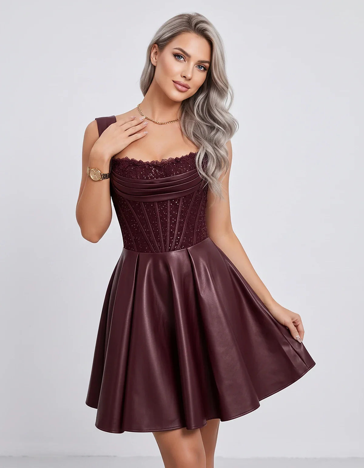 Satin & Sequined Lace Sleeveless Square Neck A-Line Mini Dress for Party, Cocktail, Evening, Summer & Wedding Guest Events, f | SKU: LM-582914706381524-BURGUNDY-L,LM-582914706381524-BURGUNDY-M,LM-582914706381524-BURGUNDY-S,LM-582914706381524-BURGUNDY-XL,LM-582914706381524-BURGUNDY-XS