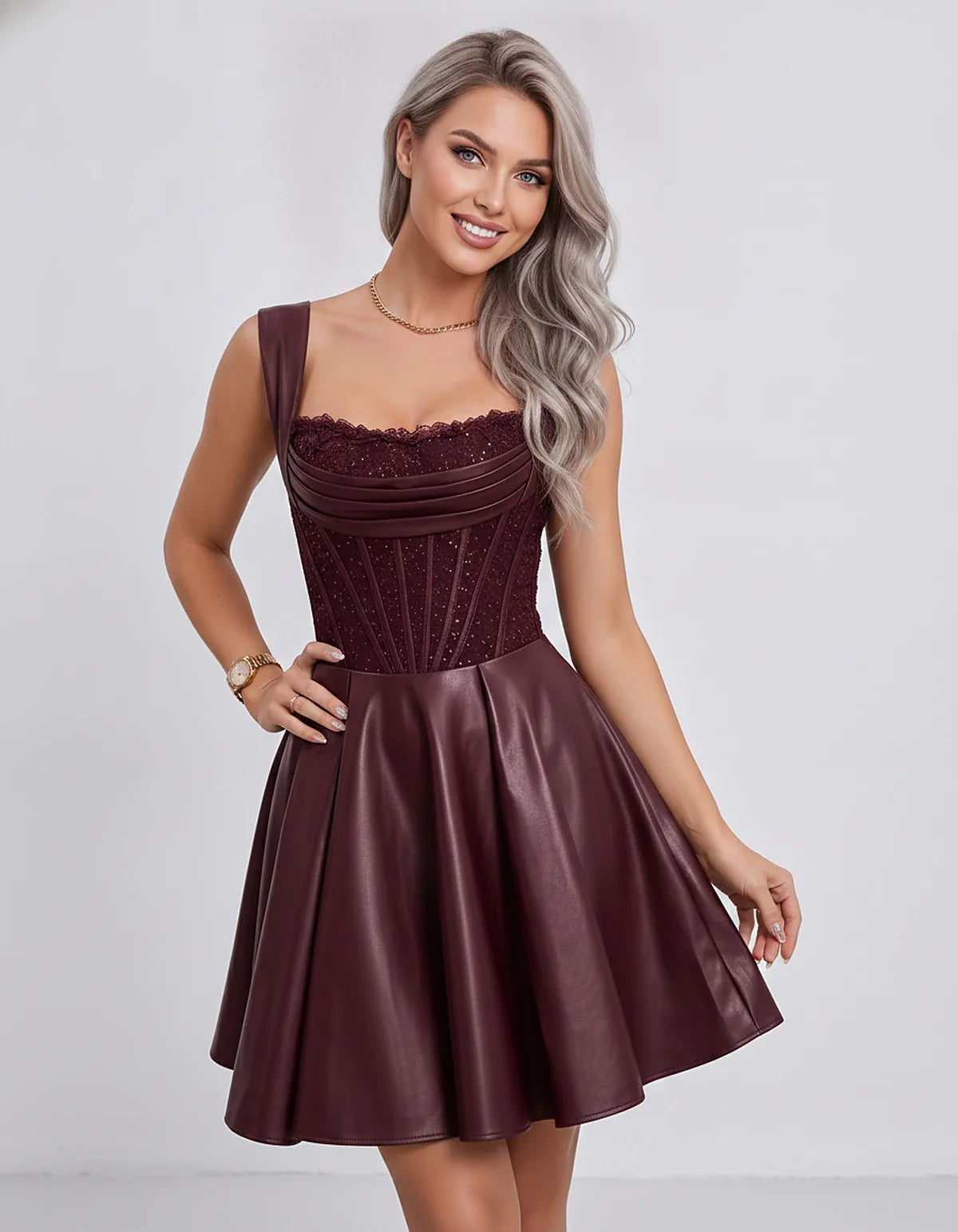 Satin & Sequined Lace Sleeveless Square Neck A-Line Mini Dress for Party, Cocktail, Evening, Summer & Wedding Guest Events, f | SKU: LM-582914706381524-BURGUNDY-L,LM-582914706381524-BURGUNDY-M,LM-582914706381524-BURGUNDY-S,LM-582914706381524-BURGUNDY-XL,LM-582914706381524-BURGUNDY-XS
