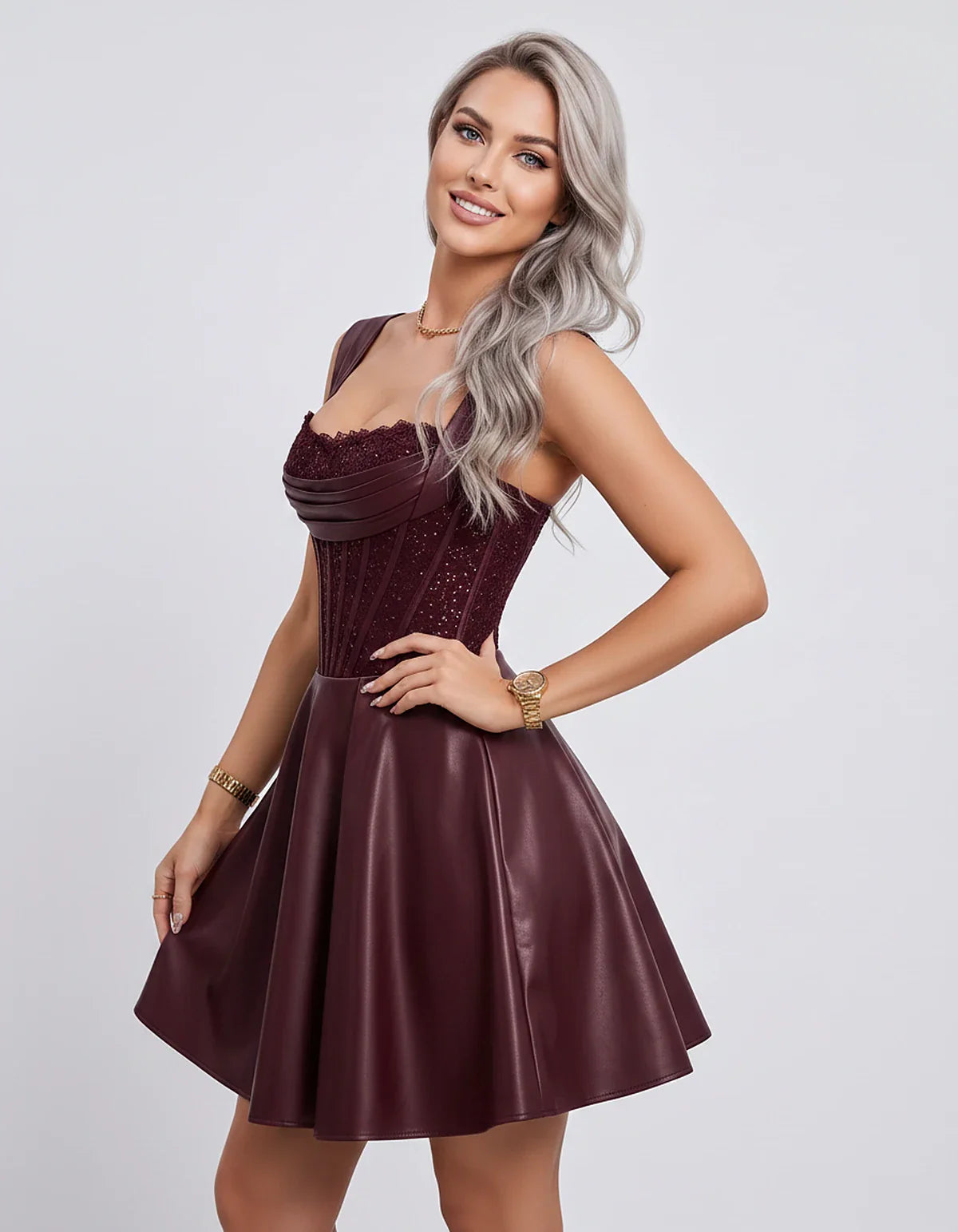 Satin & Sequined Lace Sleeveless Square Neck A-Line Mini Dress for Party, Cocktail, Evening, Summer & Wedding Guest Events, s | SKU: LM-582914706381524-BURGUNDY-L,LM-582914706381524-BURGUNDY-M,LM-582914706381524-BURGUNDY-S,LM-582914706381524-BURGUNDY-XL,LM-582914706381524-BURGUNDY-XS