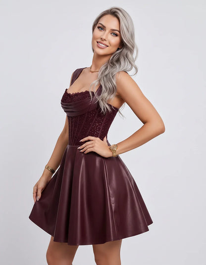 Satin & Sequined Lace Sleeveless Square Neck A-Line Mini Dress for Party, Cocktail, Evening, Summer & Wedding Guest Events, s | SKU: LM-582914706381524-BURGUNDY-L,LM-582914706381524-BURGUNDY-M,LM-582914706381524-BURGUNDY-S,LM-582914706381524-BURGUNDY-XL,LM-582914706381524-BURGUNDY-XS
