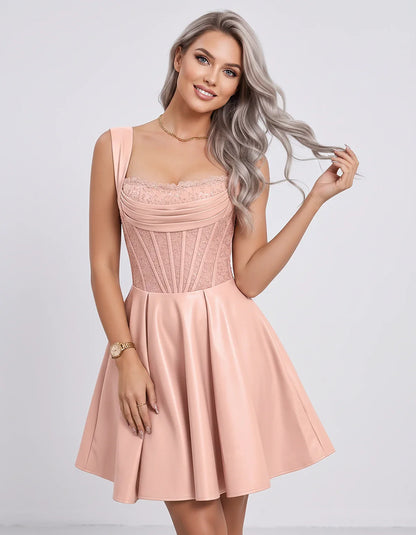 Satin & Sequined Lace Sleeveless Square Neck A-Line Mini Dress for Party, Cocktail, Evening, Summer & Wedding Guest Events, f | SKU: LM-582914706381524-BLUSH-L,LM-582914706381524-BLUSH-M,LM-582914706381524-BLUSH-S,LM-582914706381524-BLUSH-XL,LM-582914706381524-BLUSH-XS