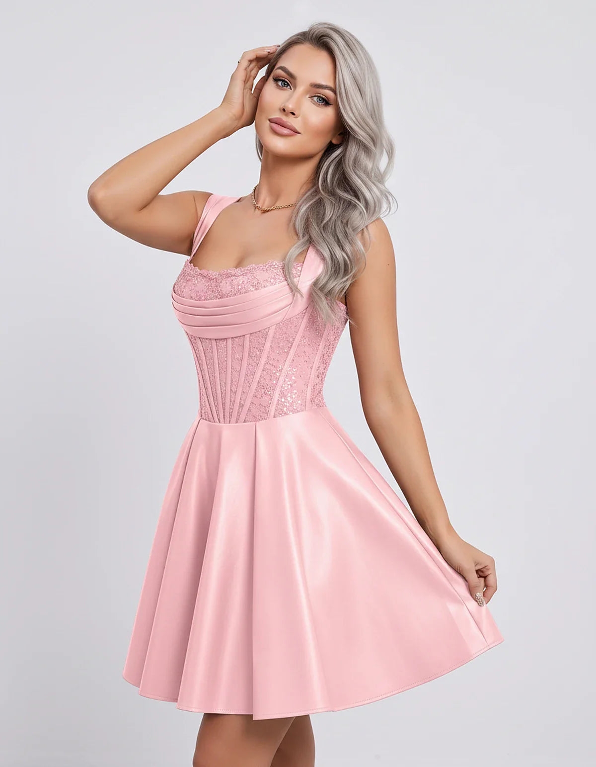 Satin & Sequined Lace Sleeveless Square Neck A-Line Mini Dress for Party, Cocktail, Evening, Summer & Wedding Guest Events, f | SKU: LM-582914706381524-PINK-L,LM-582914706381524-PINK-M,LM-582914706381524-PINK-S,LM-582914706381524-PINK-XL,LM-582914706381524-PINK-XS