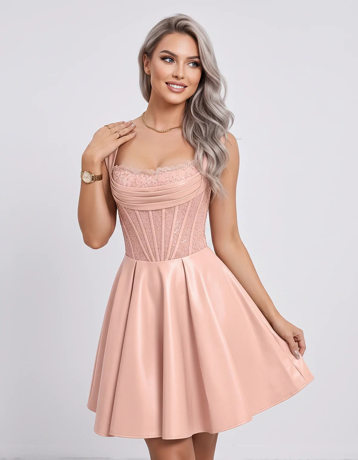 Satin & Sequined Lace Sleeveless Square Neck A-Line Mini Dress for Party, Cocktail, Evening, Summer & Wedding Guest Events, f | SKU: LM-582914706381524-BLUSH-L,LM-582914706381524-BLUSH-M,LM-582914706381524-BLUSH-S,LM-582914706381524-BLUSH-XL,LM-582914706381524-BLUSH-XS