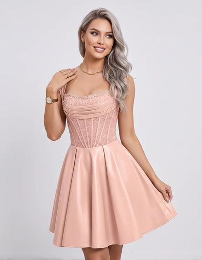 Satin & Sequined Lace Sleeveless Square Neck A-Line Mini Dress for Party, Cocktail, Evening, Summer & Wedding Guest Events, f | SKU: LM-582914706381524-BLUSH-L,LM-582914706381524-BLUSH-M,LM-582914706381524-BLUSH-S,LM-582914706381524-BLUSH-XL,LM-582914706381524-BLUSH-XS