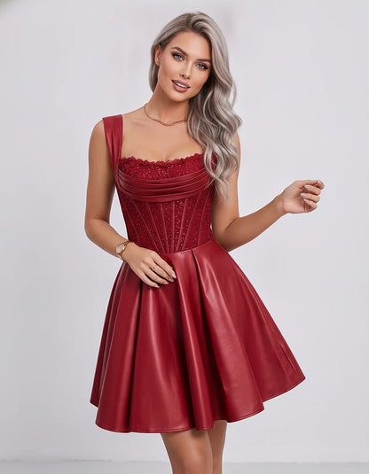 Satin & Sequined Lace Sleeveless Square Neck A-Line Mini Dress for Party, Cocktail, Evening, Summer & Wedding Guest Events, f | SKU: LM-582914706381524-RED-L,LM-582914706381524-RED-M,LM-582914706381524-RED-S,LM-582914706381524-RED-XL,LM-582914706381524-RED-XS