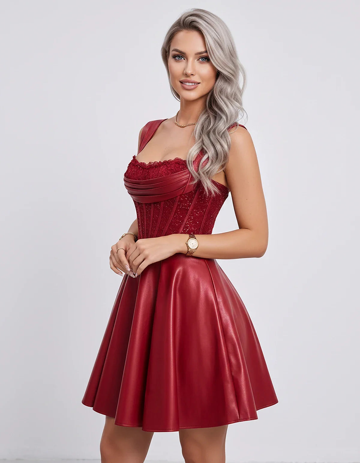 Satin & Sequined Lace Sleeveless Square Neck A-Line Mini Dress for Party, Cocktail, Evening, Summer & Wedding Guest Events, s | SKU: LM-582914706381524-RED-L,LM-582914706381524-RED-M,LM-582914706381524-RED-S,LM-582914706381524-RED-XL,LM-582914706381524-RED-XS