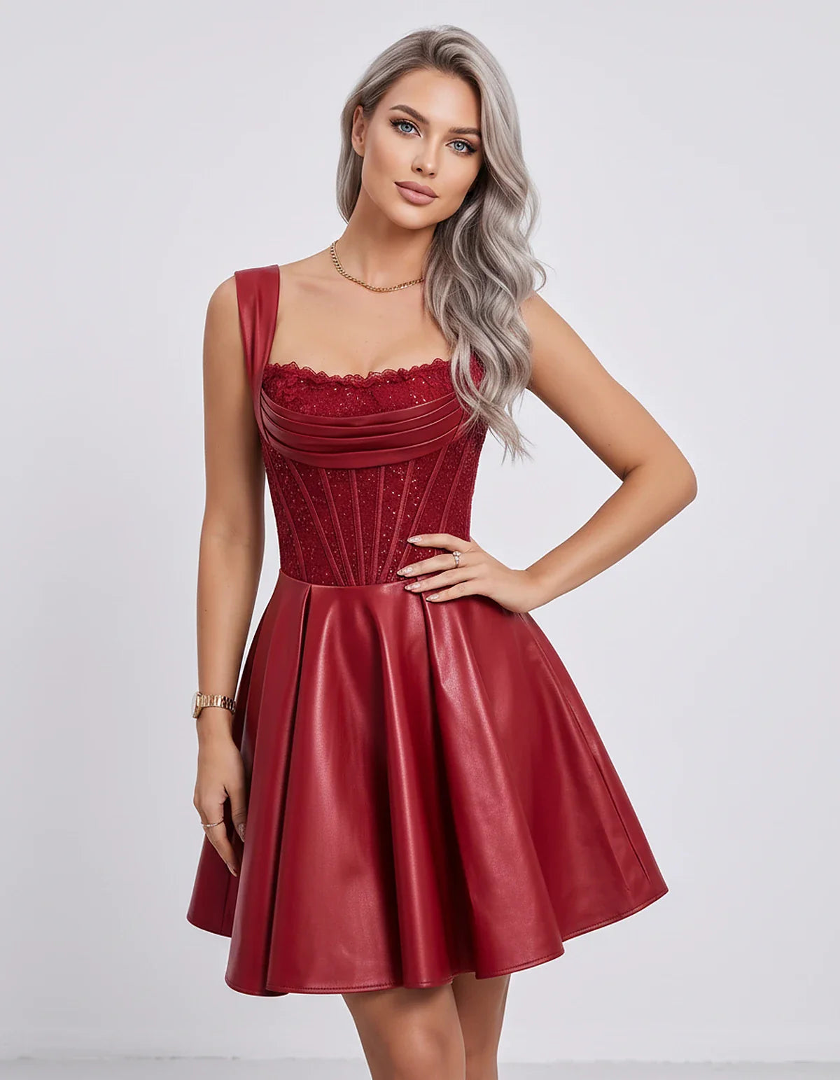 Satin & Sequined Lace Sleeveless Square Neck A-Line Mini Dress for Party, Cocktail, Evening, Summer & Wedding Guest Events, f | SKU: LM-582914706381524-RED-L,LM-582914706381524-RED-M,LM-582914706381524-RED-S,LM-582914706381524-RED-XL,LM-582914706381524-RED-XS