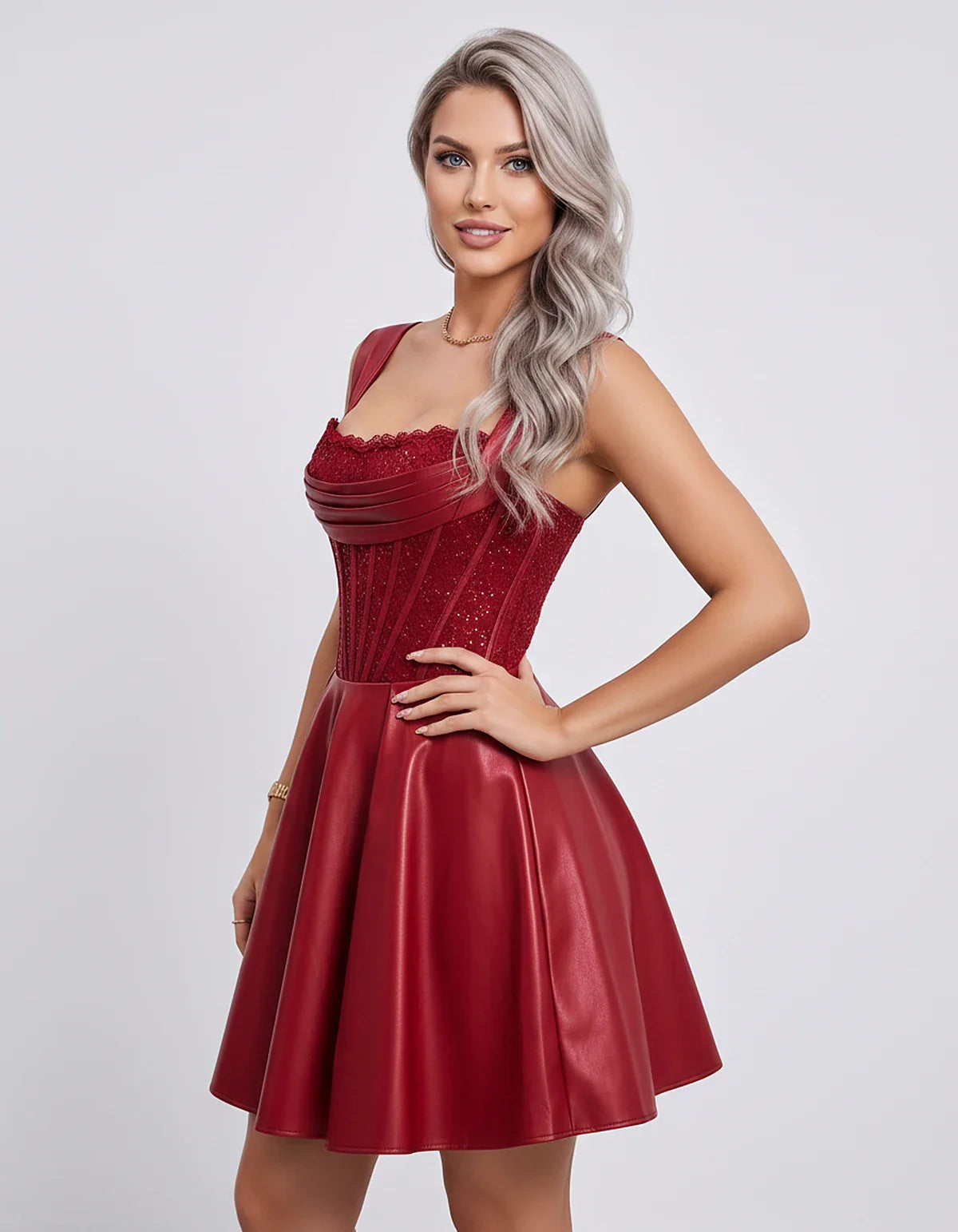 Satin & Sequined Lace Sleeveless Square Neck A-Line Mini Dress for Party, Cocktail, Evening, Summer & Wedding Guest Events, s | SKU: LM-582914706381524-RED-L,LM-582914706381524-RED-M,LM-582914706381524-RED-S,LM-582914706381524-RED-XL,LM-582914706381524-RED-XS