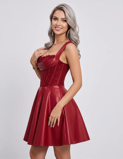 Satin & Sequined Lace Sleeveless Square Neck A-Line Mini Dress for Party, Cocktail, Evening, Summer & Wedding Guest Events, s | SKU: LM-582914706381524-RED-L,LM-582914706381524-RED-M,LM-582914706381524-RED-S,LM-582914706381524-RED-XL,LM-582914706381524-RED-XS
