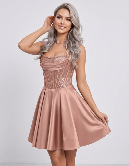 Satin & Sequined Lace Sleeveless Square Neck A-Line Mini Dress for Party, Cocktail, Evening, Summer & Wedding Guest Events, f | SKU: LM-582914706381524-DUSTYROSE-L,LM-582914706381524-DUSTYROSE-M,LM-582914706381524-DUSTYROSE-S,LM-582914706381524-DUSTYROSE-XL,LM-582914706381524-DUSTYROSE-XS